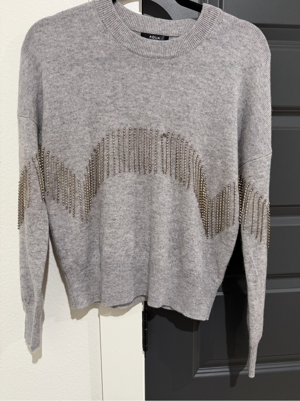 Aqua Light Gray Crewneck Sweater with Metallic Stud Wave Detail